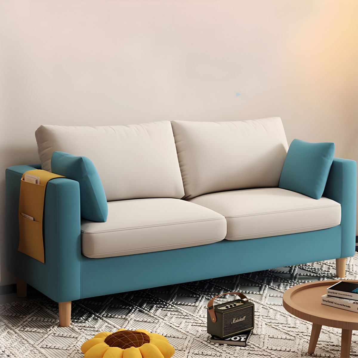 Modern Fabric 2 Seater Sofa with Arm Pocket Storage Blue