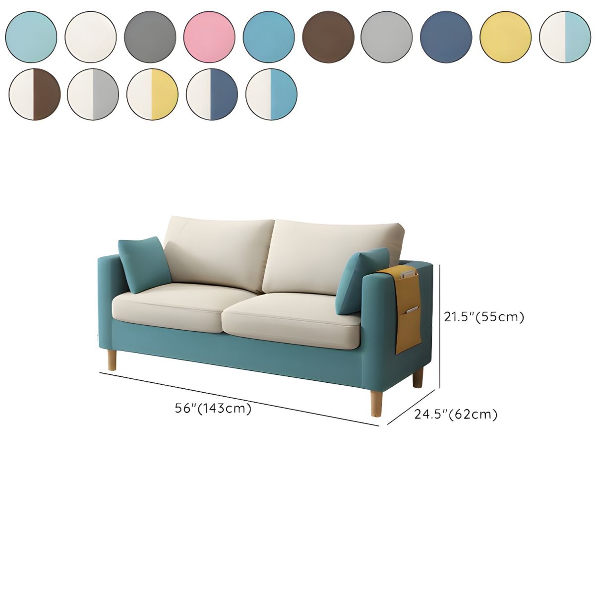 Modern Fabric 2 Seater Sofa with Arm Pocket Storage Blue