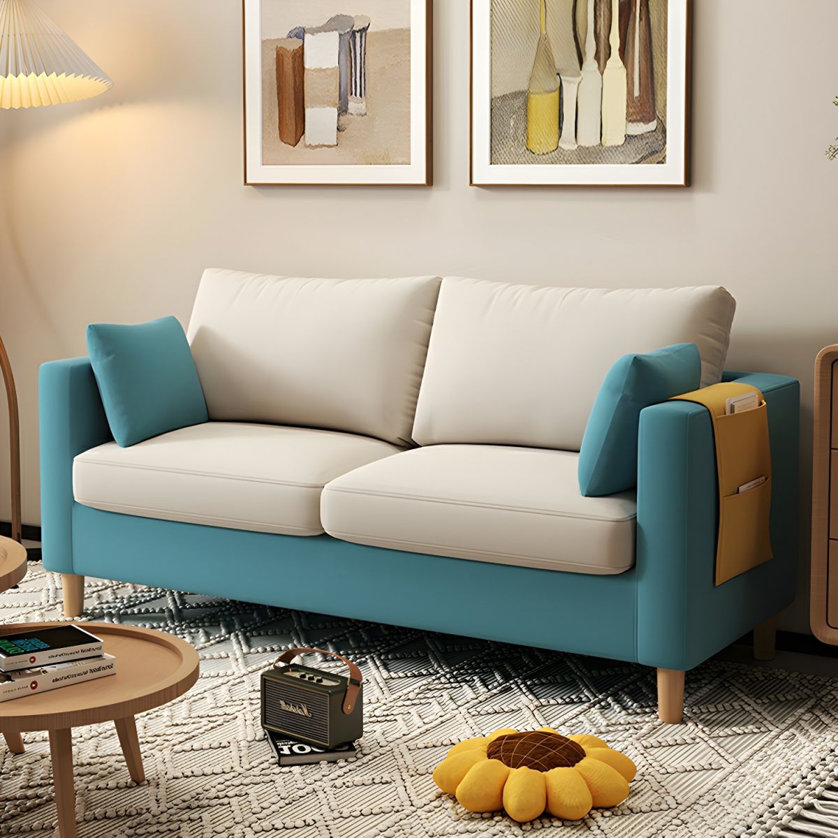 Modern Fabric 2 Seater Sofa with Arm Pocket Storage Blue