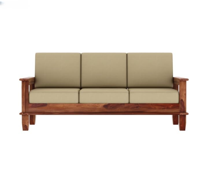 Sheesham Wood 3 Seater Sofa Beige Cushion Wooden Sofa