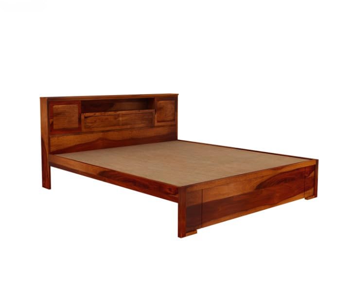 Solid Wood Queen Size Bed with Storage Headboard & Platform Frame