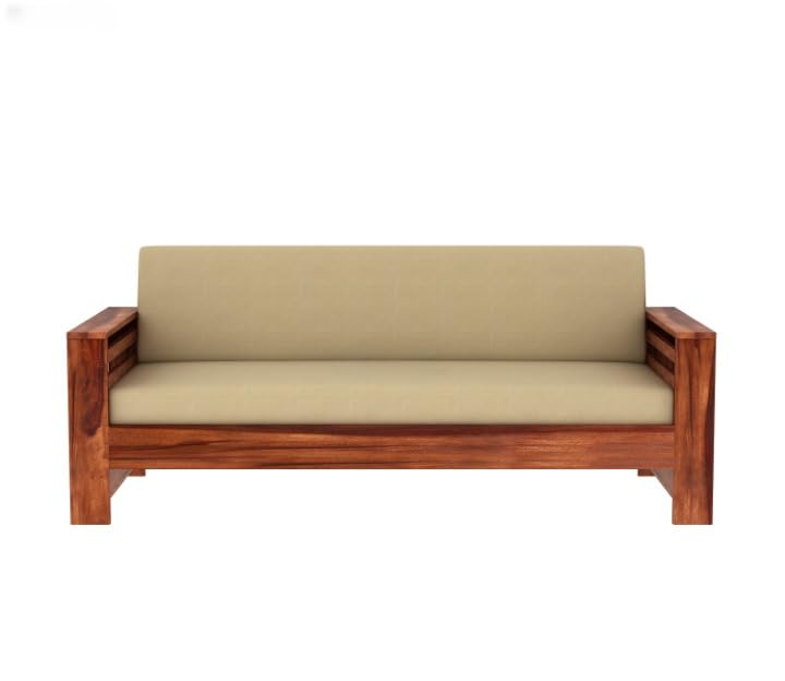 Sheesham Wood 3 Seater Sofa Beige Cushion Solid Frame