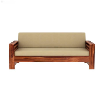 Sheesham Wood 3 Seater Sofa Beige Cushion Solid Frame