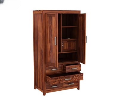 Solid Sheesham Wood 2 Door Wardrobe with 4 Drawers |Honey Finish