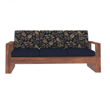Sheesham Wood 3 Seater Sofa Blue Cushion Floral Backrest