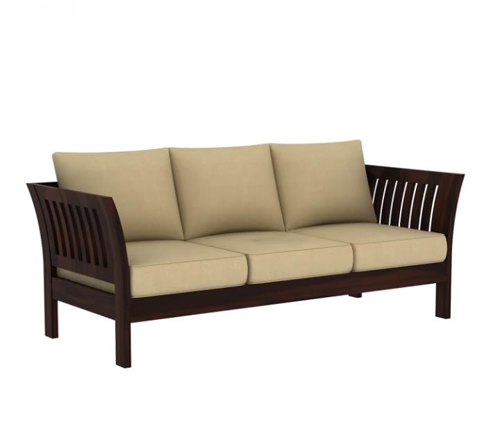 Sheesham Wood 3 Seater Sofa Beige Cushion Living Room