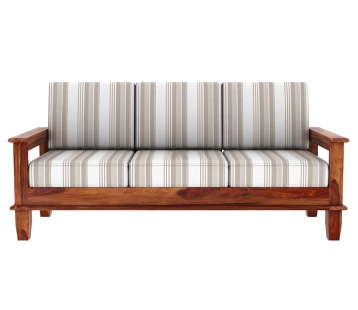 Sheesham Wood 3 Seater Sofa Striped Fabric Cushion Sofa