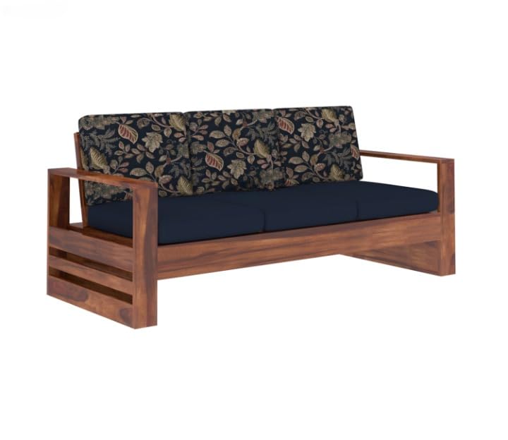 Sheesham Wood 3 Seater Sofa Blue Cushion Floral Backrest
