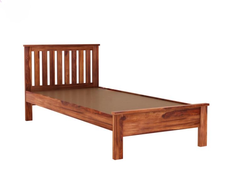 Solid Wood Single Bed with Slatted Headboard – Classic Wooden Finish