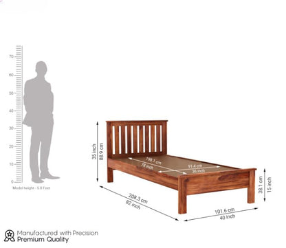 Solid Wood Single Bed with Slatted Headboard – Classic Wooden Finish