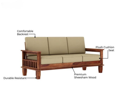 Sheesham Wood 3 Seater Sofa Beige Cushion Wooden Sofa