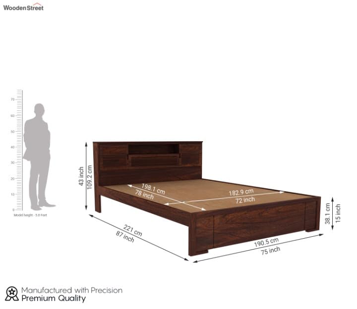 Premium Solid Sheesham Wood King Size Bed with Headboard Storage