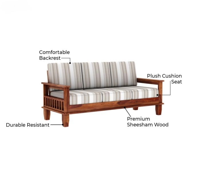 Sheesham Wood 3 Seater Sofa Striped Fabric Cushion Sofa