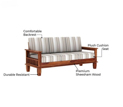 Sheesham Wood 3 Seater Sofa Striped Fabric Cushion Sofa