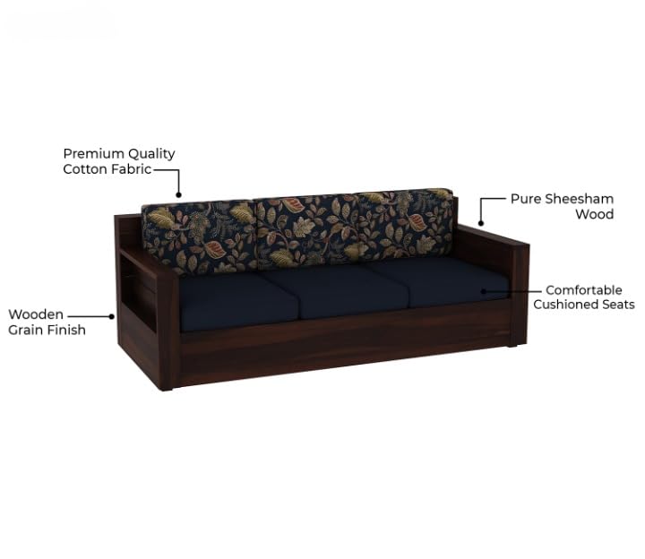 Sheesham Wood 3 Seater Sofa Blue Cushion Floral Backrest