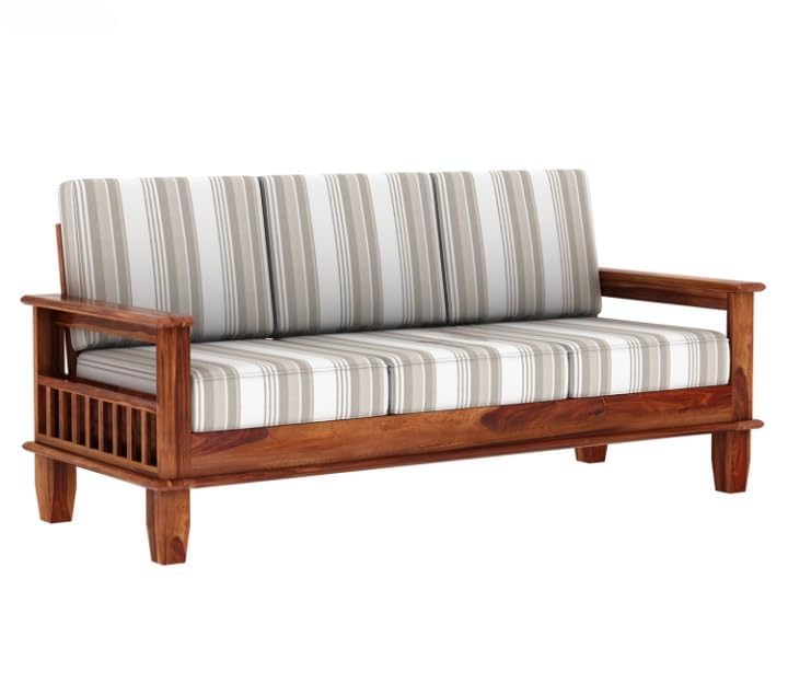 Sheesham Wood 3 Seater Sofa Striped Fabric Cushion Sofa