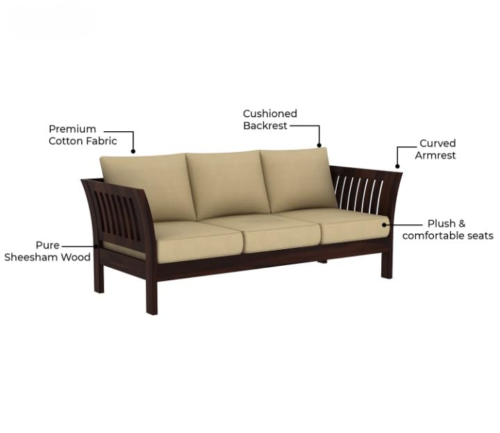 Sheesham Wood 3 Seater Sofa Beige Cushion Living Room