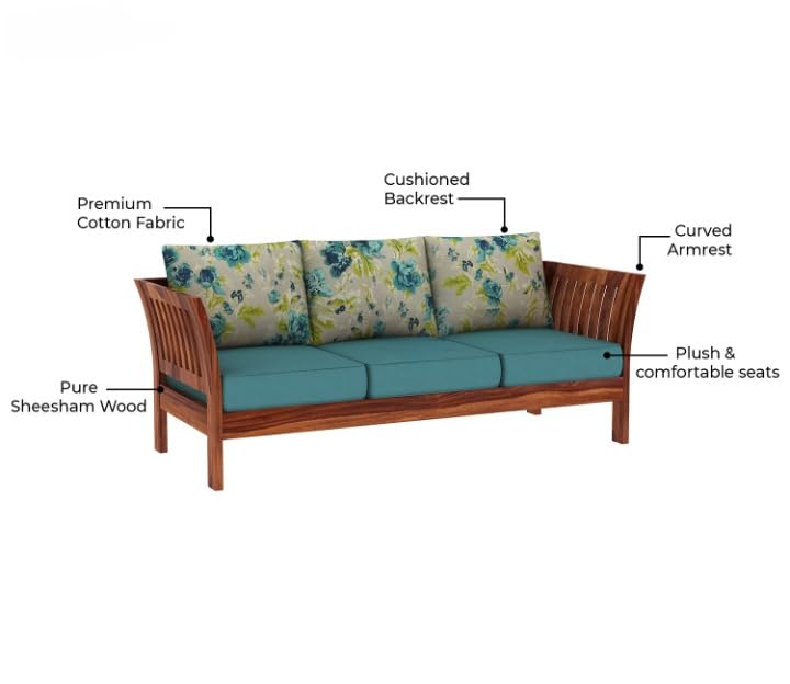Sheesham Wood 3 Seater Sofa Floral Cushion Living Room