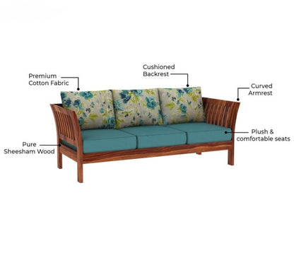 Sheesham Wood 3 Seater Sofa Floral Cushion Living Room