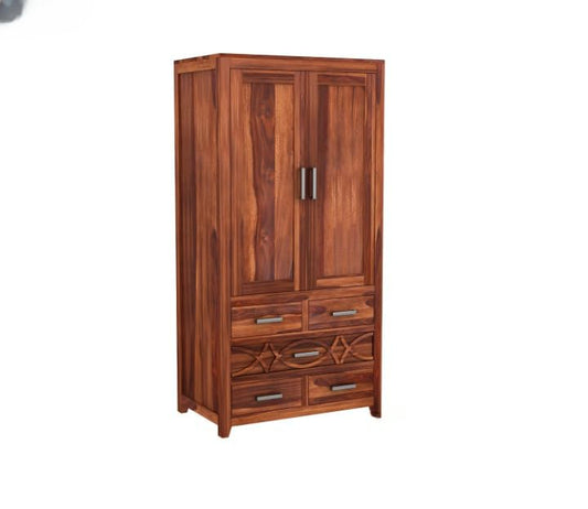 Solid Sheesham Wood 2 Door Wardrobe with 4 Drawers |Honey Finish