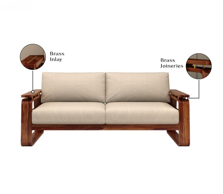 Sheesham Wood 3 Seater Sofa Brass Inlay Beige Cushion Sofa