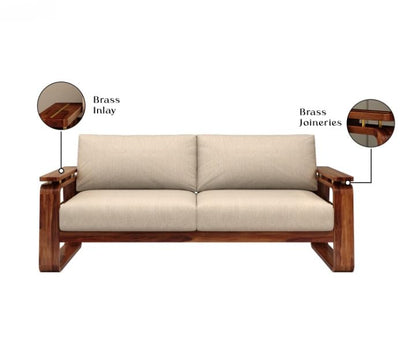Sheesham Wood 3 Seater Sofa Brass Inlay Beige Cushion Sofa