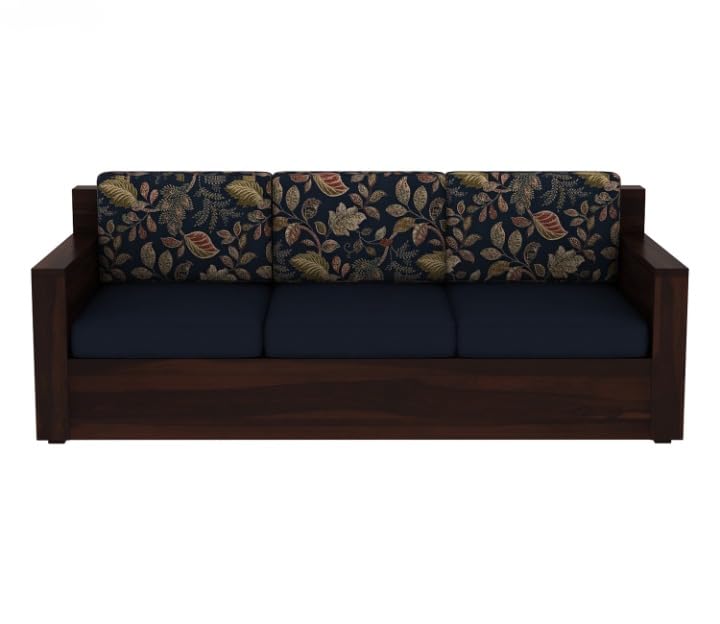 Sheesham Wood 3 Seater Sofa Blue Cushion Floral Backrest