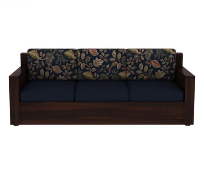 Sheesham Wood 3 Seater Sofa Blue Cushion Floral Backrest