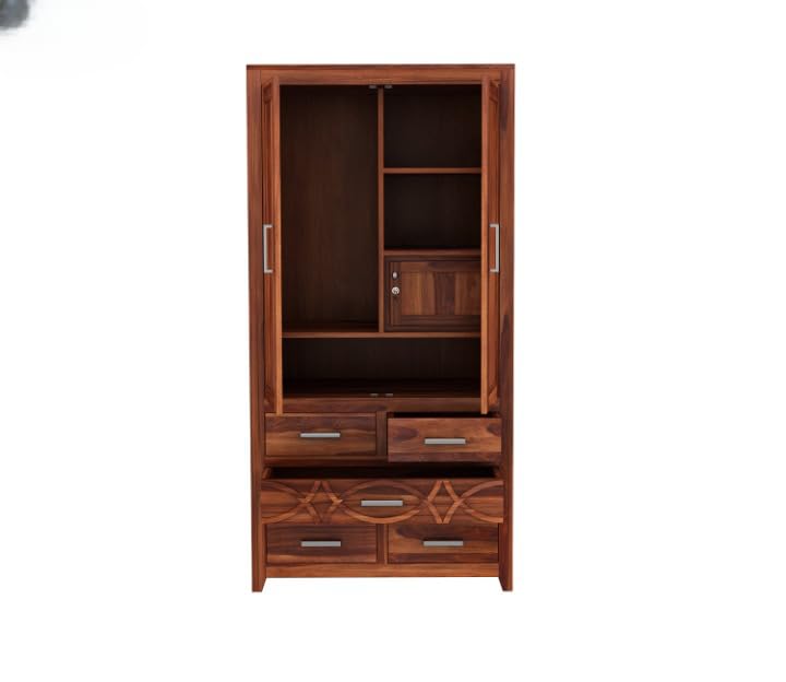 Solid Sheesham Wood 2 Door Wardrobe with 4 Drawers |Honey Finish
