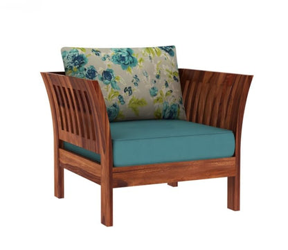 Modern Wooden Lounge Chair with Cushioned Seat & Floral Back Cushion