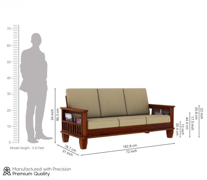 Sheesham Wood 3 Seater Sofa Beige Cushion Wooden Sofa