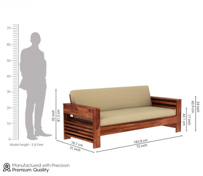 Sheesham Wood 3 Seater Sofa Beige Cushion Solid Frame