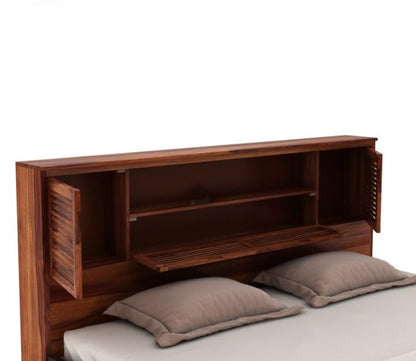 Queen Size Wooden Storage Bed with Headboard Shelves
