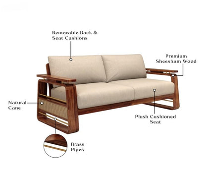 Sheesham Wood 3 Seater Sofa Brass Inlay Beige Cushion Sofa