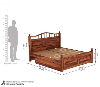Classic Solid Wood Queen Size Storage Bed with Curved Headboard