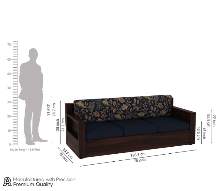 Sheesham Wood 3 Seater Sofa Blue Cushion Floral Backrest
