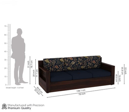 Sheesham Wood 3 Seater Sofa Blue Cushion Floral Backrest