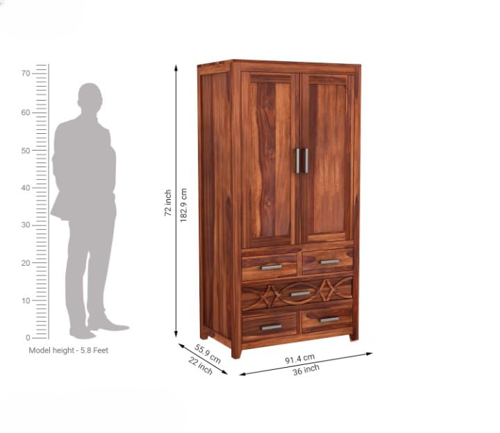 Solid Sheesham Wood 2 Door Wardrobe with 4 Drawers |Honey Finish