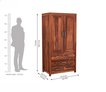 Solid Sheesham Wood 2 Door Wardrobe with 4 Drawers |Honey Finish