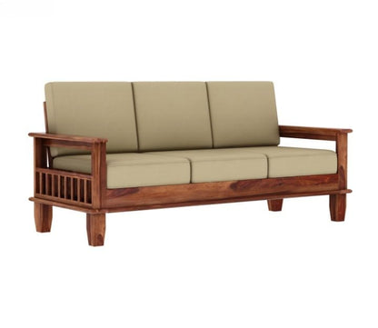 Sheesham Wood 3 Seater Sofa Beige Cushion Wooden Sofa
