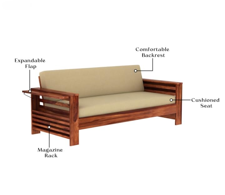 Sheesham Wood 3 Seater Sofa Beige Cushion Solid Frame