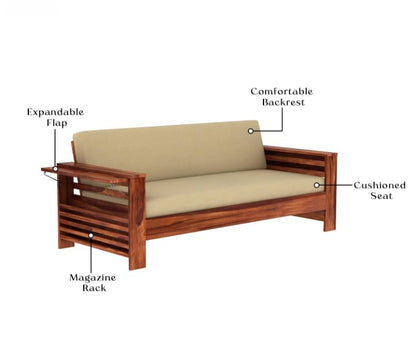 Sheesham Wood 3 Seater Sofa Beige Cushion Solid Frame
