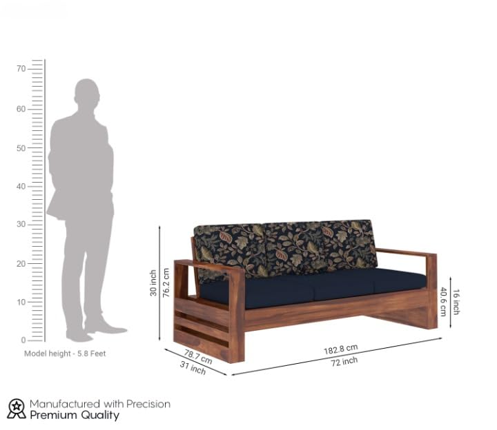 Sheesham Wood 3 Seater Sofa Blue Cushion Floral Backrest