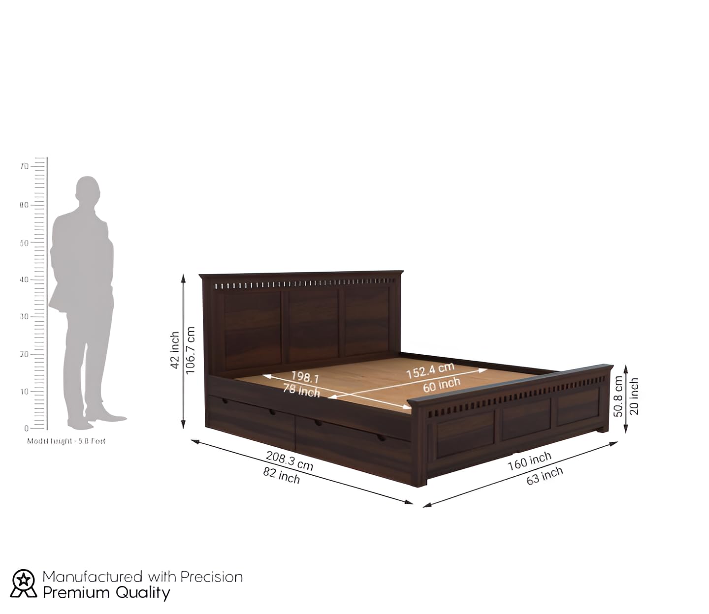 Premium Solid Wood Queen Size Storage Bed with Headboard