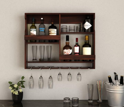 Wall Mounted Wooden Bar Cabinet with Glass Holder | Solid Wood Wine Rack Shelf