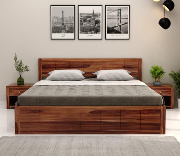 Solid Sheesham Wood King Size Bed with Box Storage