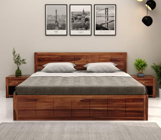 Solid Sheesham Wood King Size Bed with Box Storage