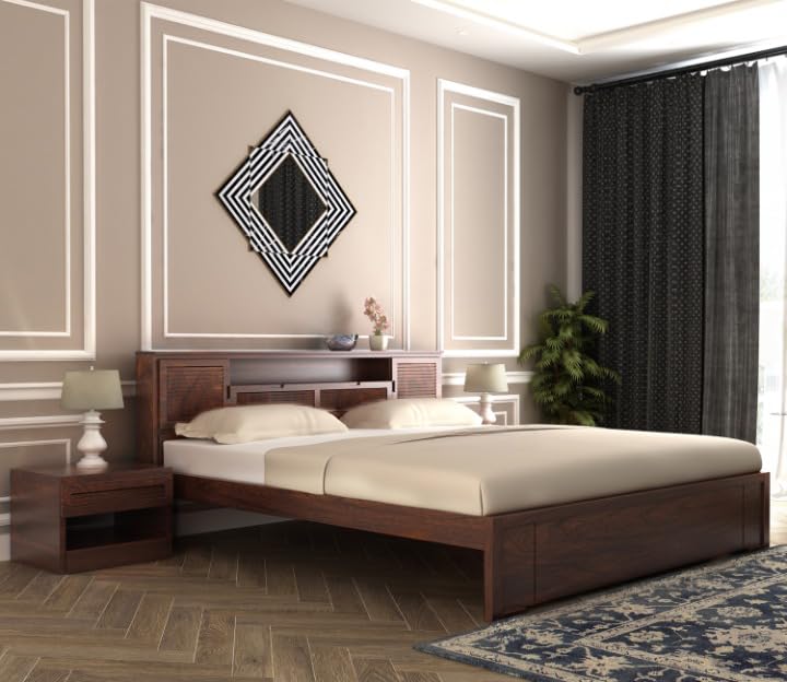 Premium Solid Sheesham Wood King Size Bed with Headboard Storage