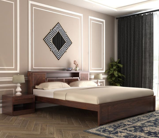 Premium Solid Sheesham Wood King Size Bed with Headboard Storage