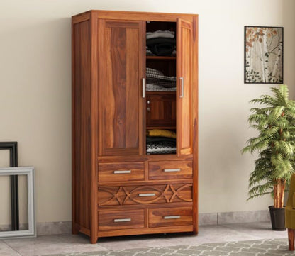 Solid Sheesham Wood 2 Door Wardrobe with 4 Drawers |Honey Finish